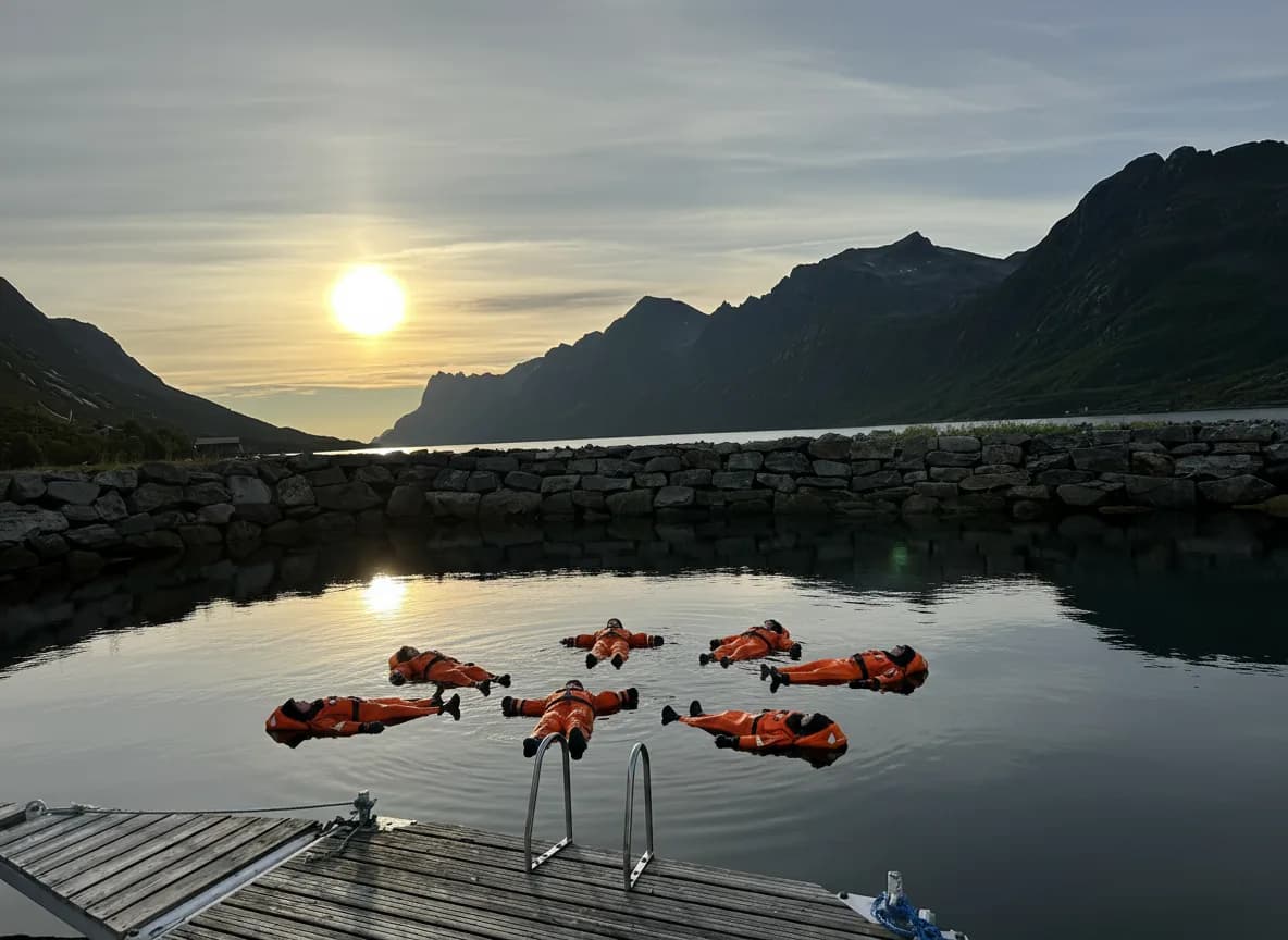 Gjester i oransje redningsdrakter som flyter i Ersfjorden i solnedgang med fjell i bakgrunnen